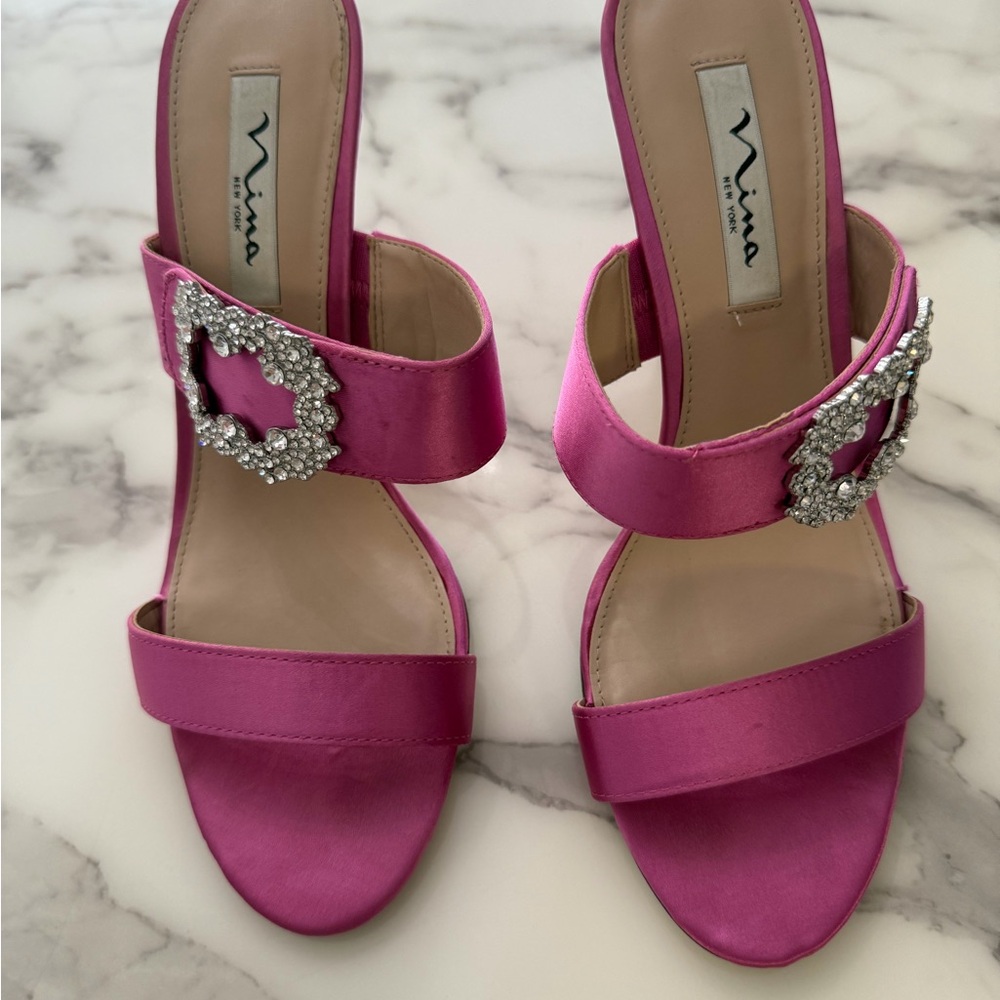 Nina Fuchsia Satin Heels with Crystal Accents